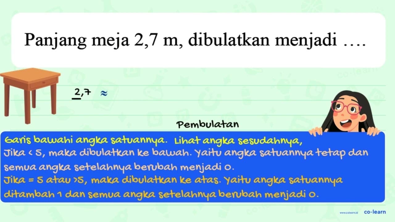 Panjang meja 2,7 m , dibulatkan menjadi ......