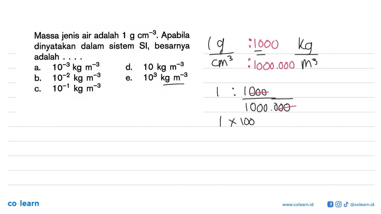 Massa jenis air adalah 1 g cm^-3. Apabila dinyatakan dalam