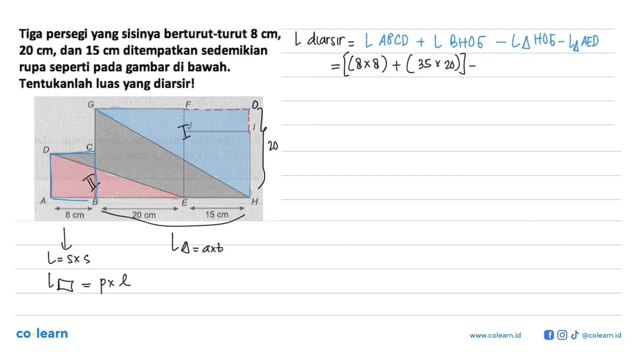 Tiga persegi yang sisinya berturut-turut 8 cm, 20 cm, dan