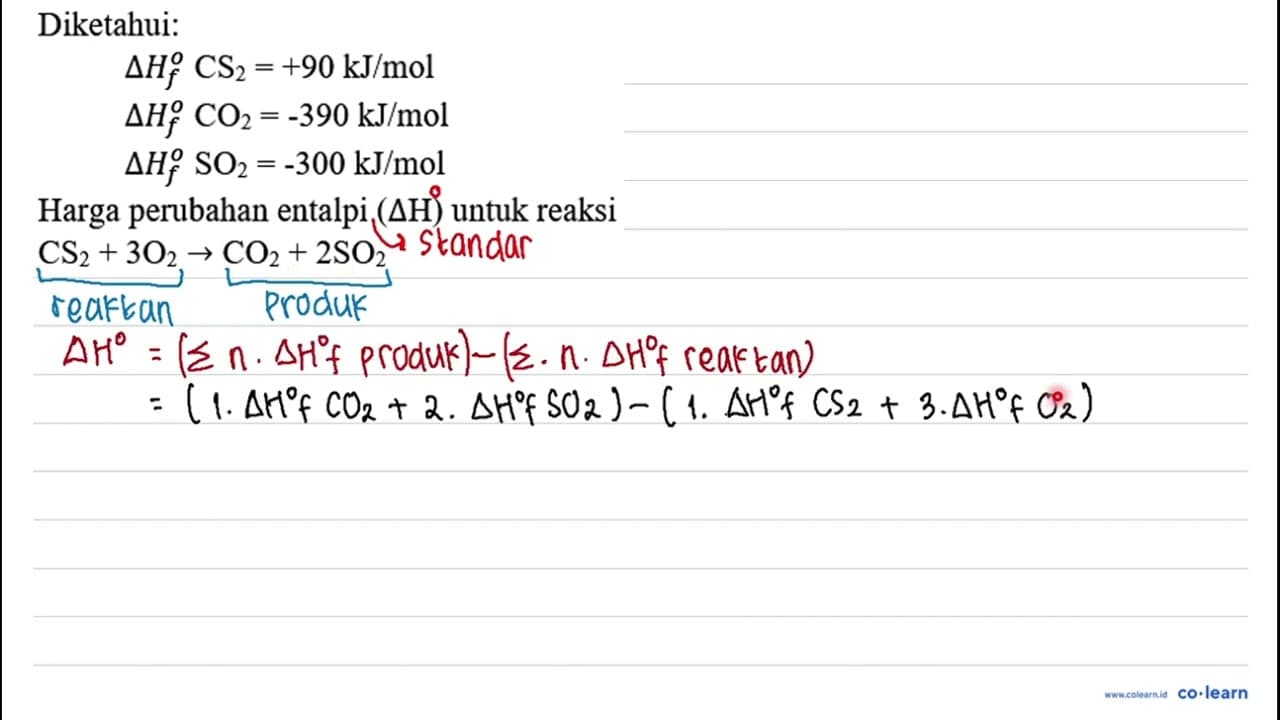 Diketahui: Delta H_(f)^(o) CS_(2)=+90 ~kJ / mol Delta