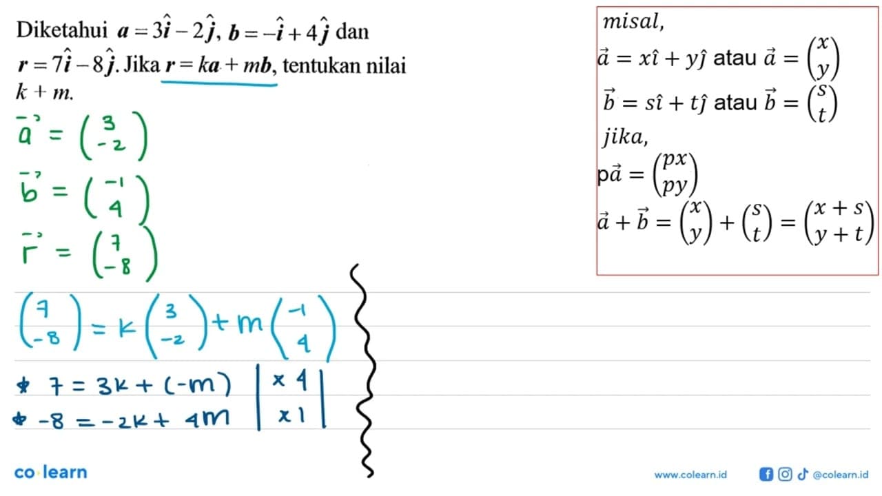 Diketahui a=3i-2j, b=-i+4j dan r=7i-8j. Jika r=ka+mb,