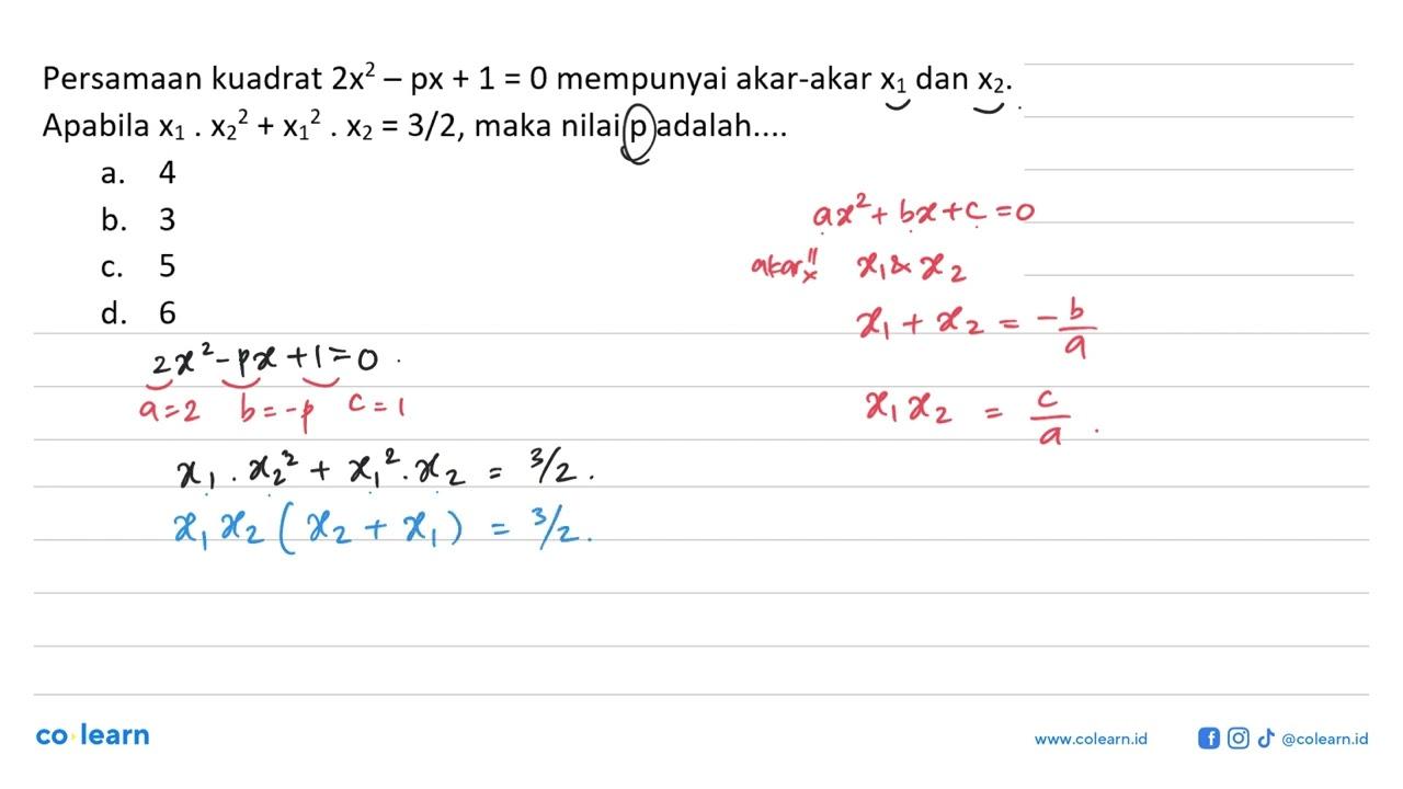 Persamaan kuadrat 2x^2 - px + 1 = 0 mempunyai akar-akar x1