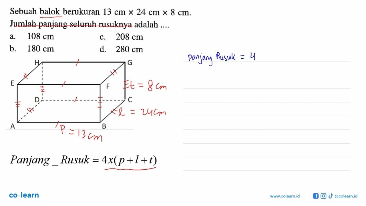 Sebuah balok berukuran 13 cm x 24 cm x 8 cm . Jumlah