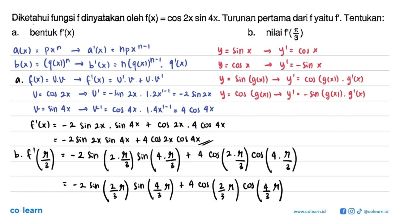 Diketahui fungsi f dinyatakan oleh f(x)=cos 2x sin 4x.