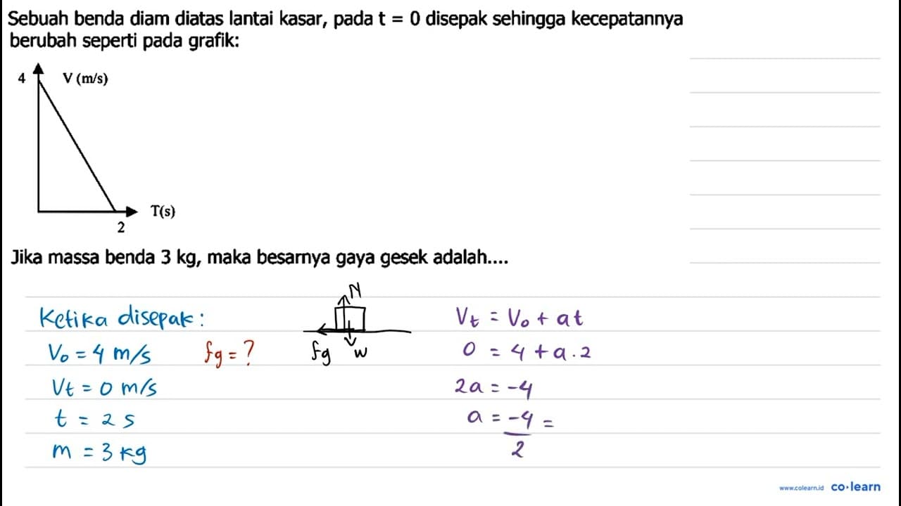 Sebuah benda diam diatas lantai kasar, pada t=0 disepak