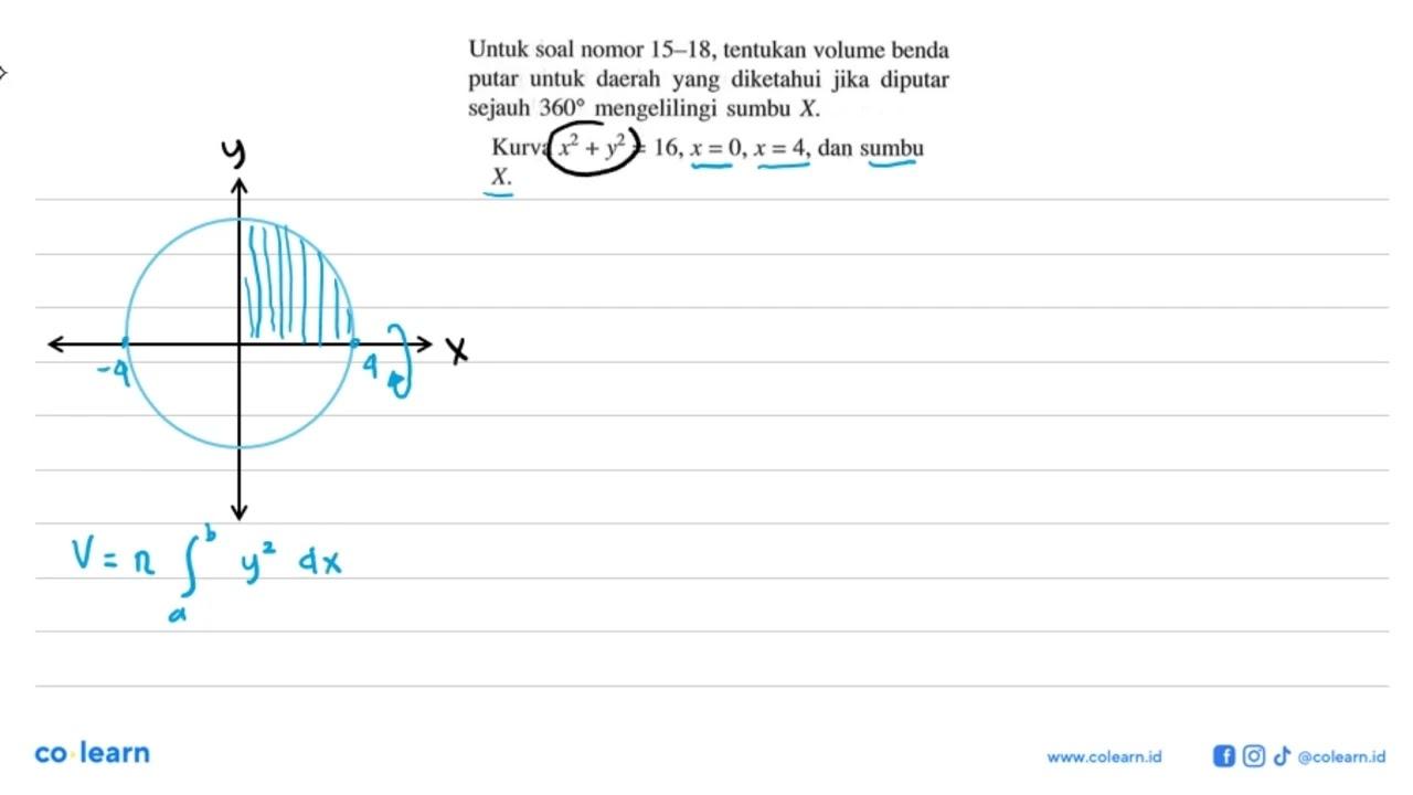Untuk soal nomor 15-18, tentukan volume benda putar untuk