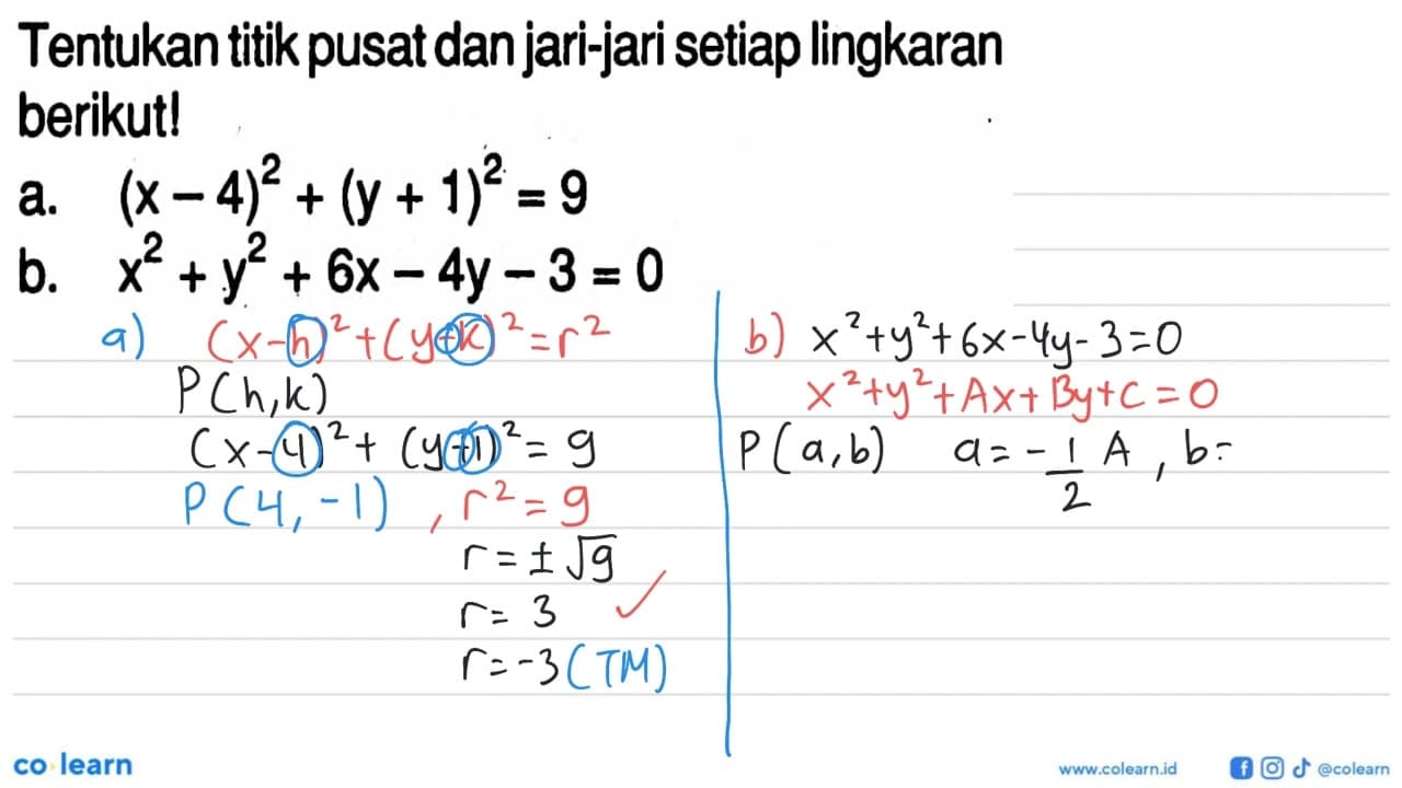 Tentukan titik pusat dan jari-jari setiap lingkaran