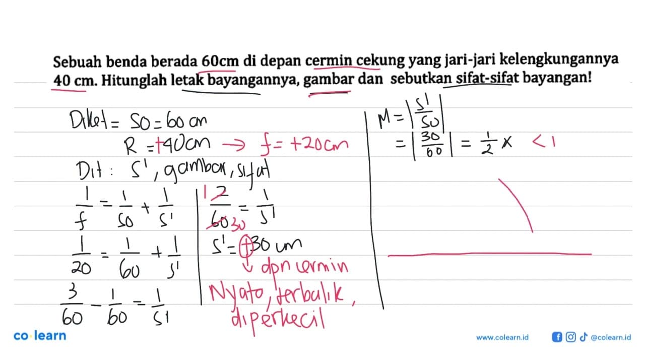 Sebuah benda berada 60 cm di depan cermin cekung yang