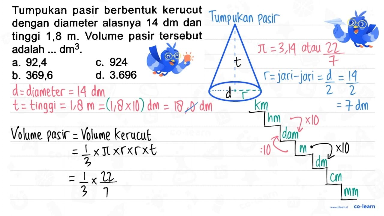 Tumpukan pasir berbentuk kerucut dengan diameter alasnya 14