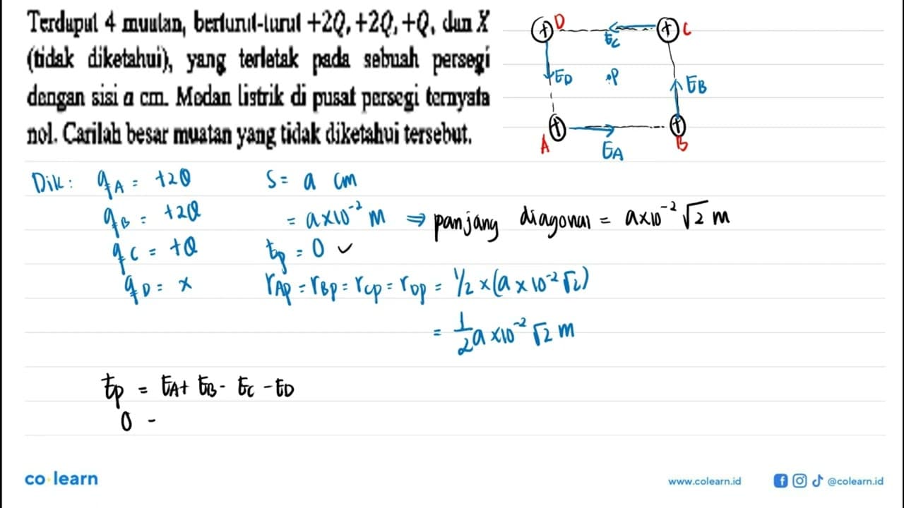 Terdapat 4 muatan, berturut-turut +2Q, +2Q, +Q, dan X