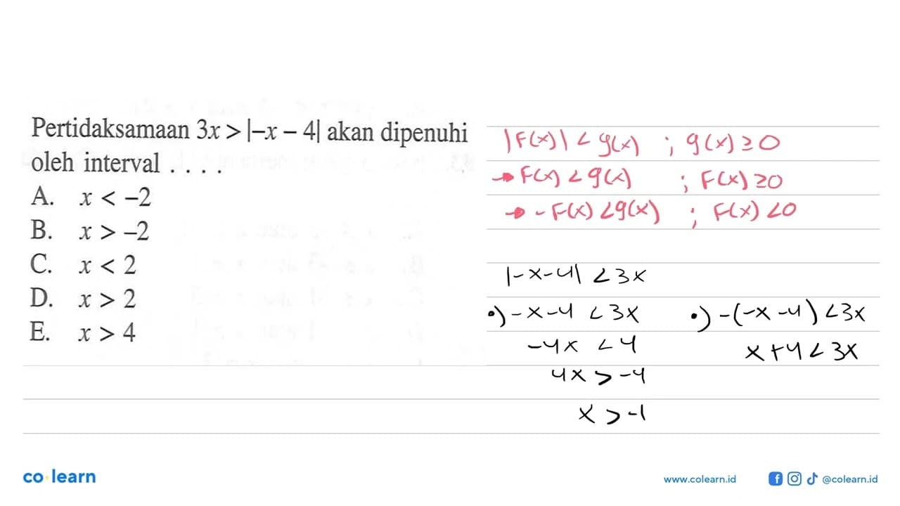 Pertidaksamaan 3x>|-x-4| akan dipenuhi oleh interval ....