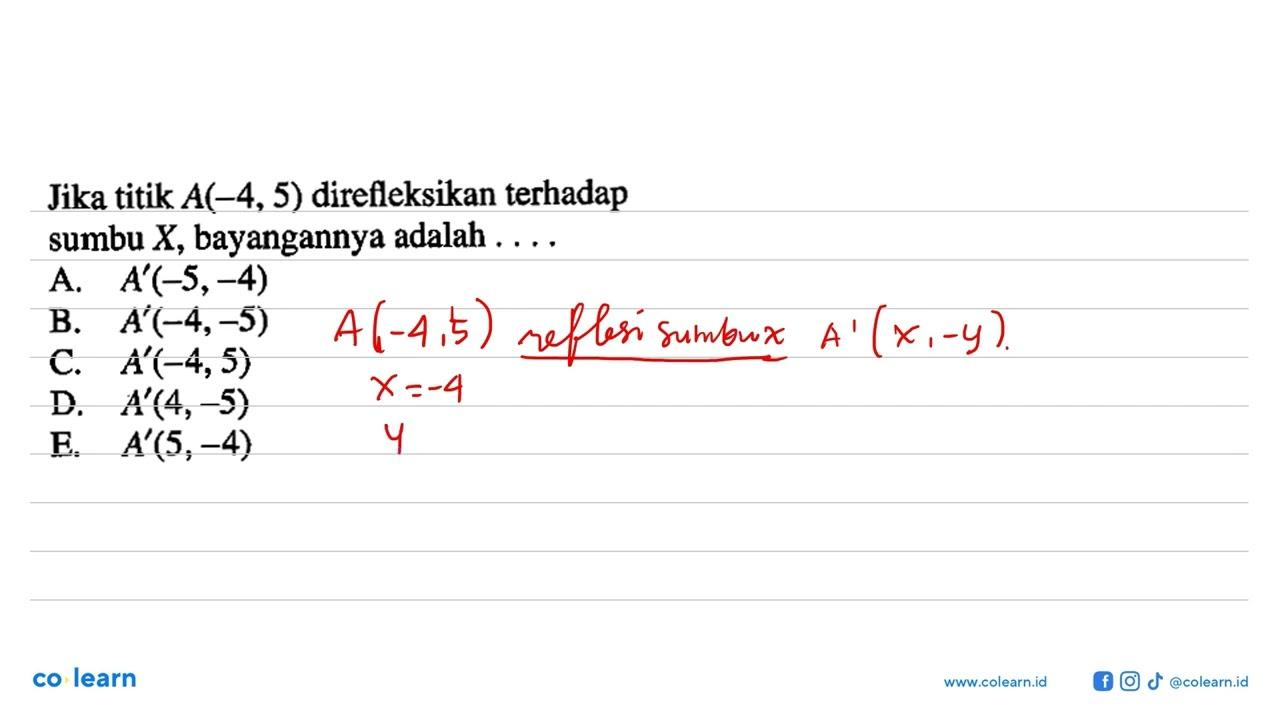 Jika titik A(-4,5) direfleksikan terhadap sumbu X,