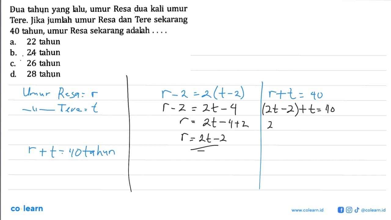 Dua tahun yang lalu, umur Resa dua kali umur Tere. Jika