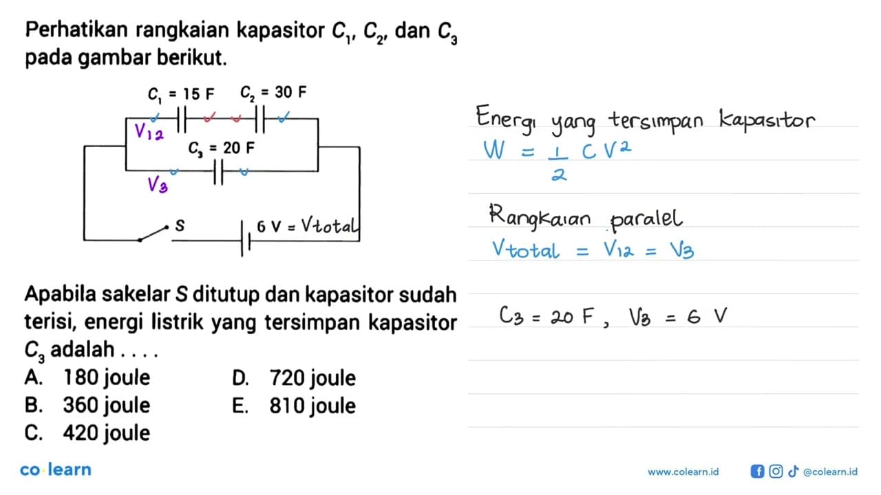 Perhatikan rangkaian kapasitor C1, C2, dan C3 pada gambar