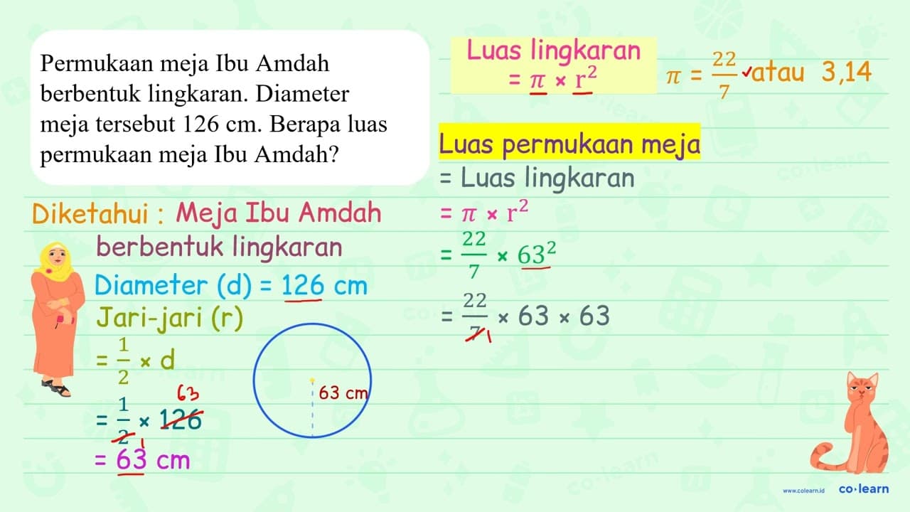 Permukaan meja Ibu Amdah berbentuk lingkaran. Diameter meja