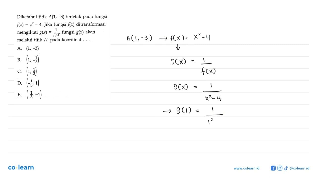 Diketahui titik A(1,-3) terletak pada fungsi f(x)=x^2-4 .