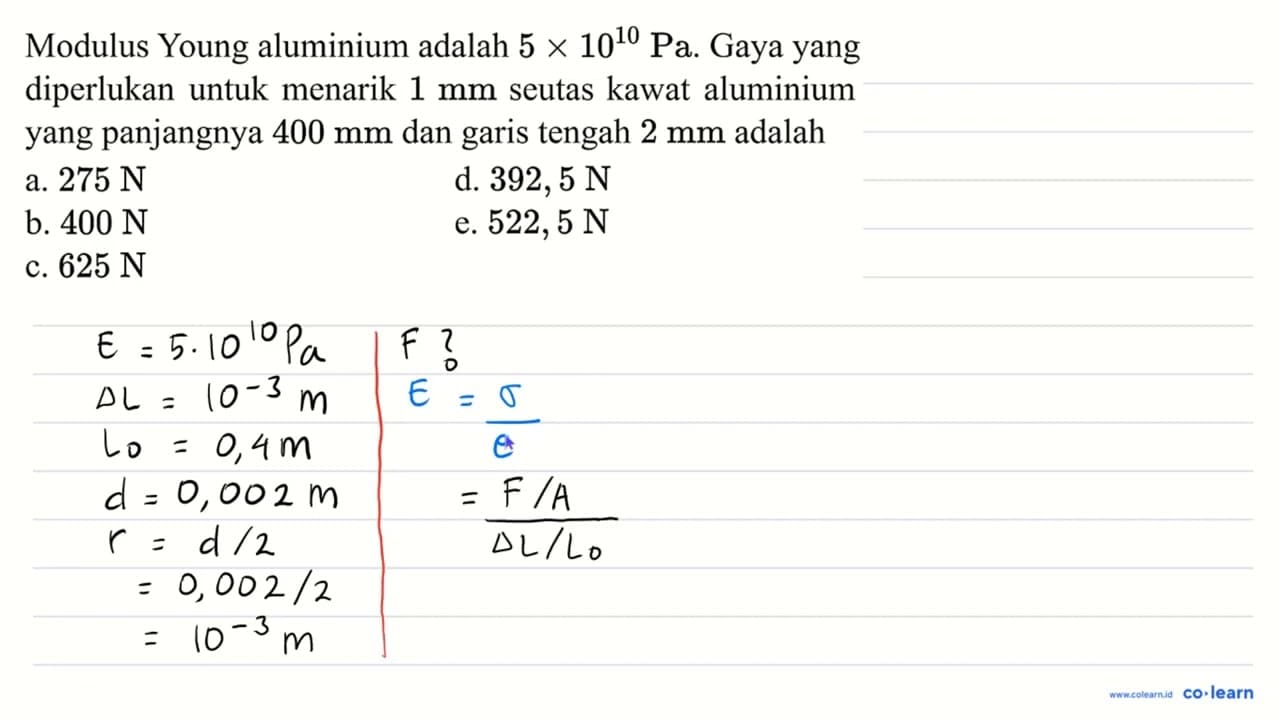 Modulus Young aluminium adalah 5 x 10^(10) Pa . Gaya yang