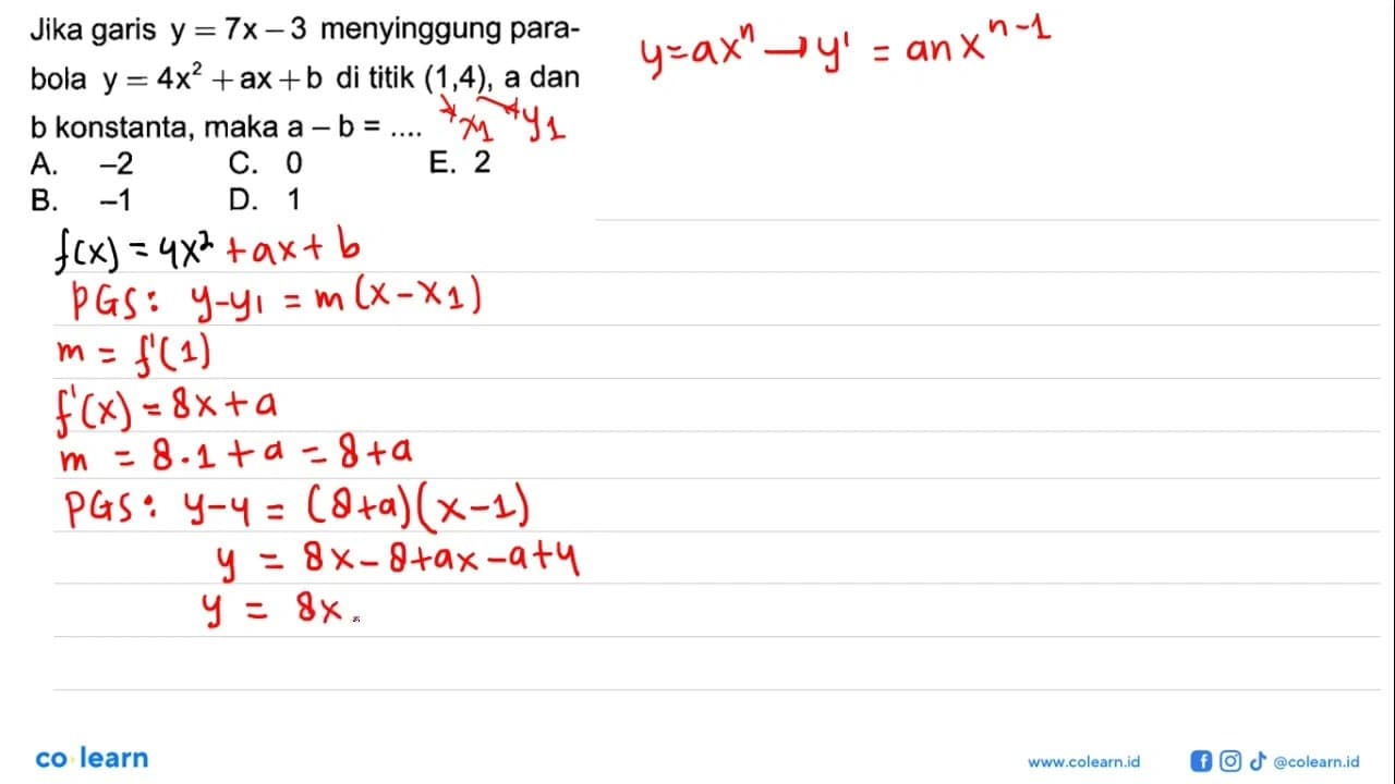 Jika garis y=7x-3 menyinggung parabola y=4x^2+ax+b di titik