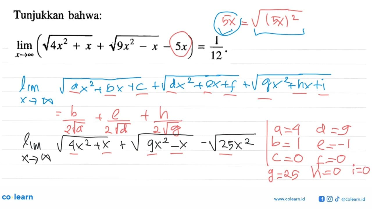 Tunjukkan bahwa: lim x->tak hingga (akar(4x^2+x) +