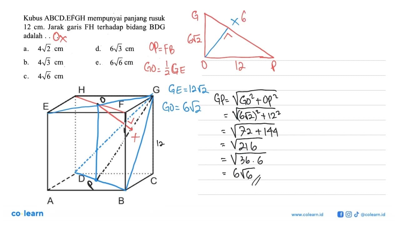 Kubus ABCD.EFGH mempunyai panjang rusuk 12 cm. Jarak garis