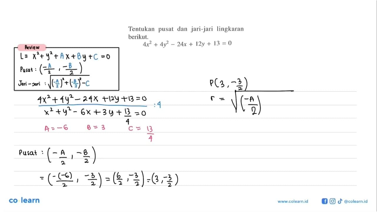 Tentukan pusat dan jari-jari lingkaran berikut.4x^2+4