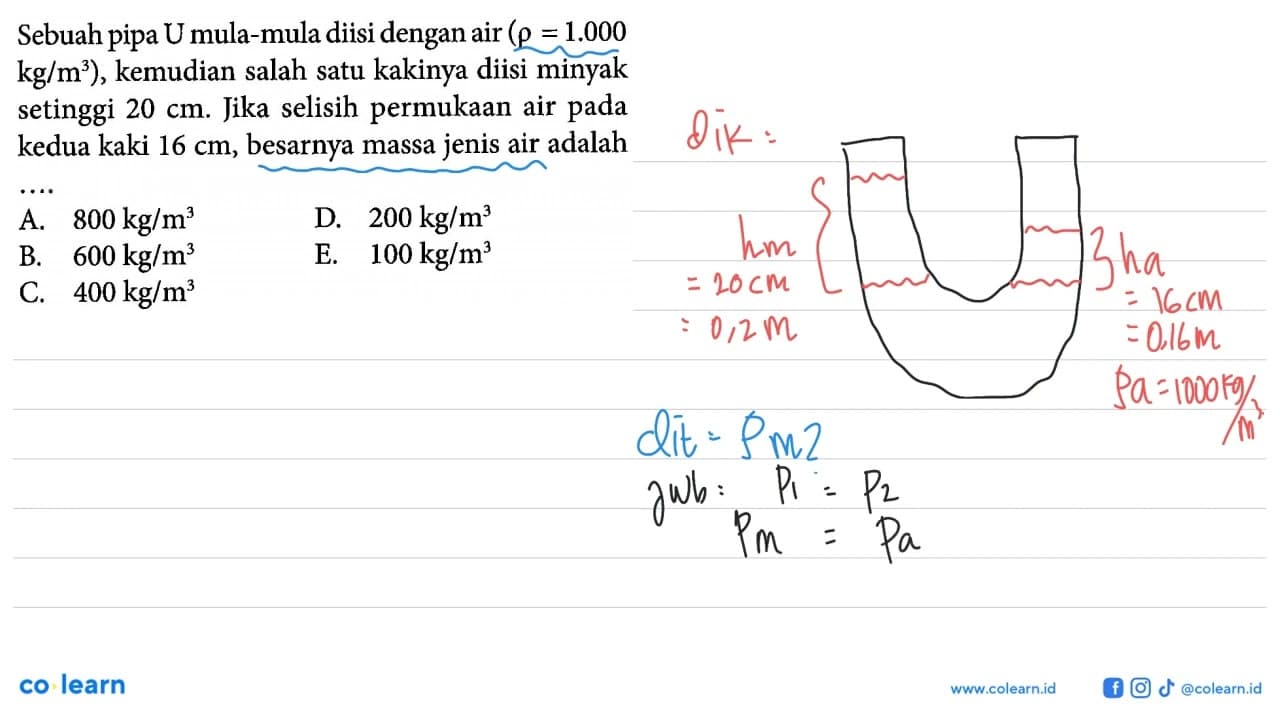 Sebuah pipa Umula-mula diisi dengan air (rho = 1.000 kg/m^3