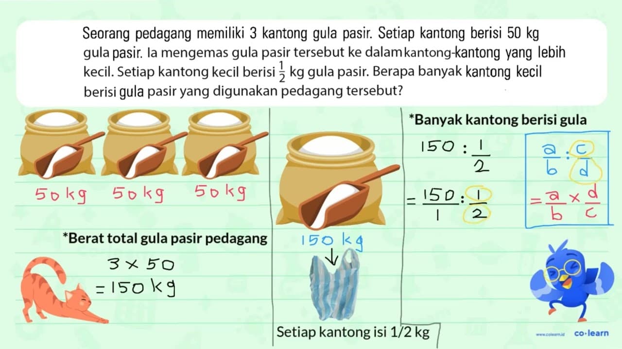 Seorang pedagang memiliki 3 kantong gula pasir. Setiap