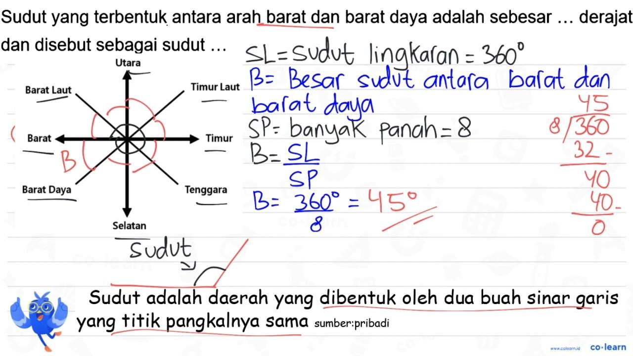 Sudut yang terbentuk antara arah barat dan barat daya