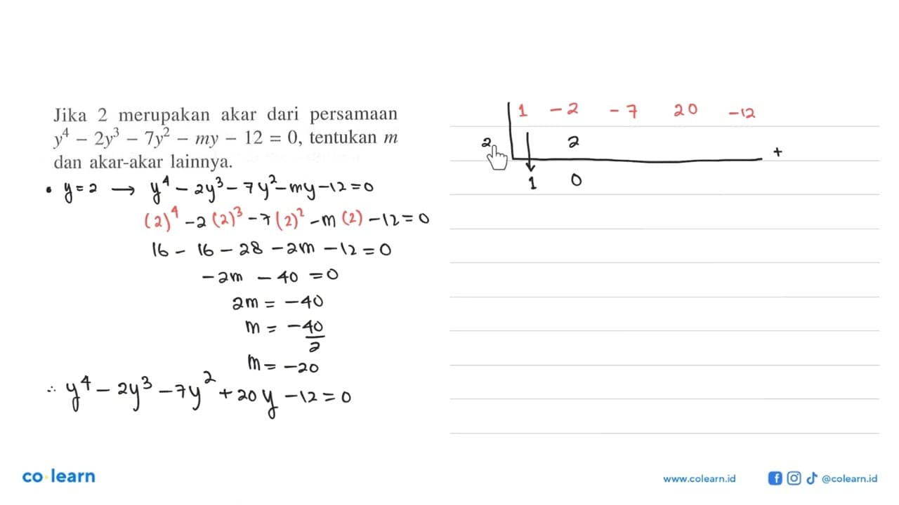 Persamaan x^4+px^3+21x^2-4px+10p=0 mempunyai sebuah akar