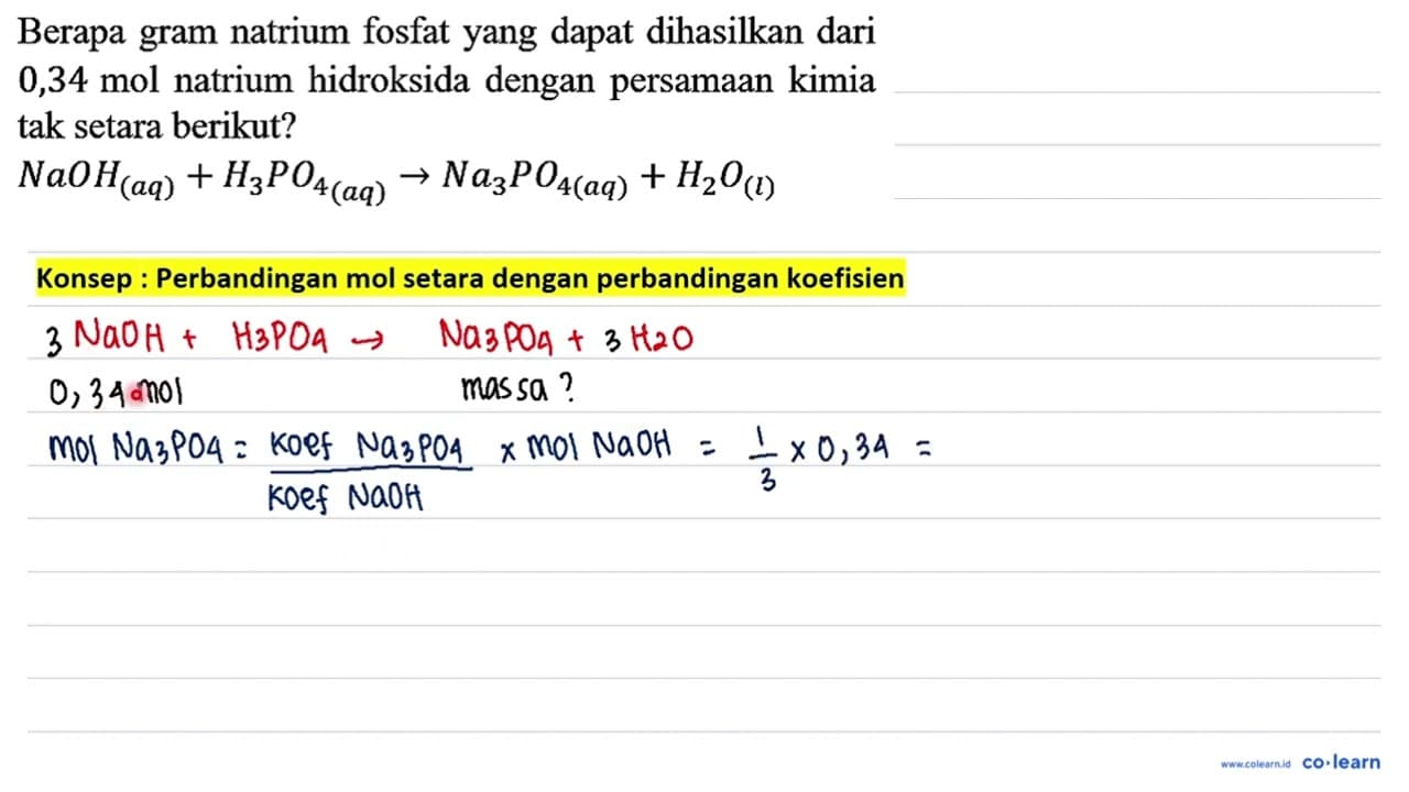 Berapa gram natrium fosfat yang dapat dihasilkan dari 0,34