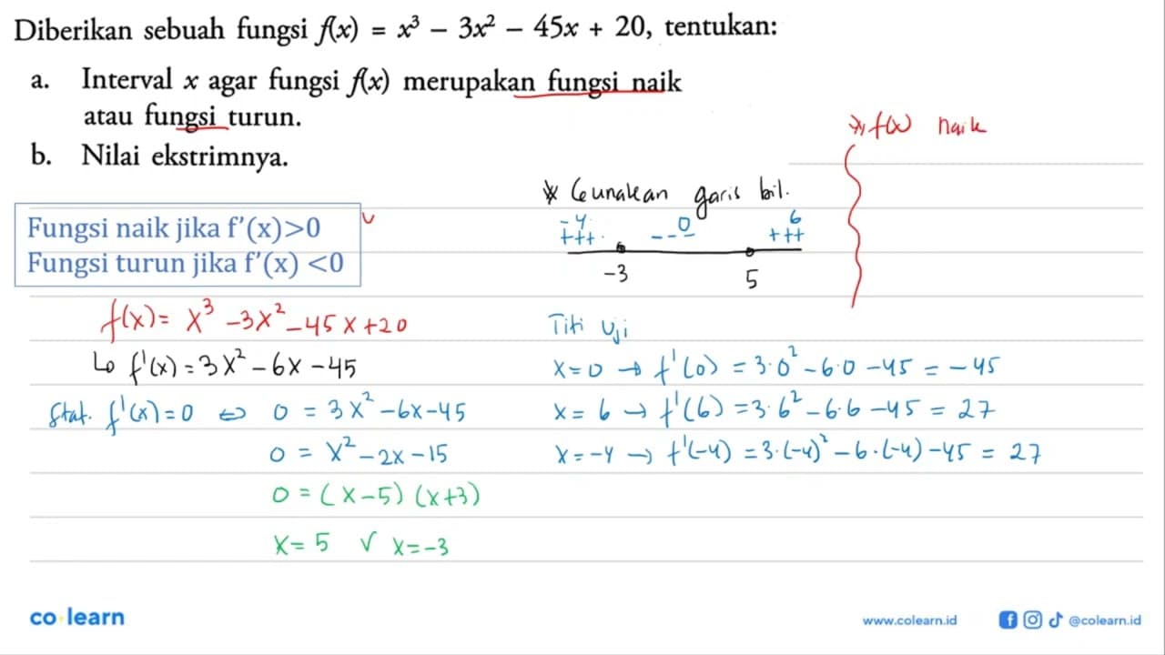 Diberikan sebuah fungsi f(x)=x^3-3x^2-45x+20 , tentukan:a.