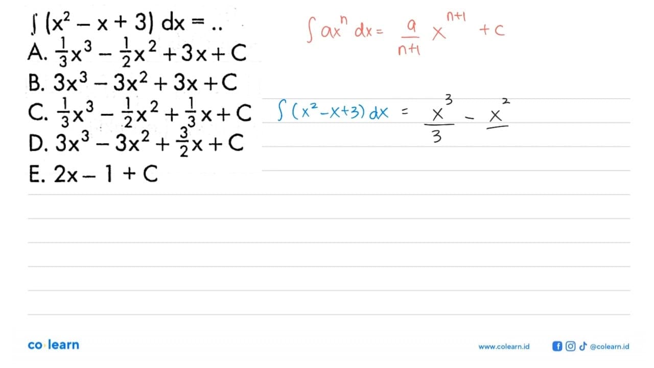 integral(x^2-x+3) dx=.