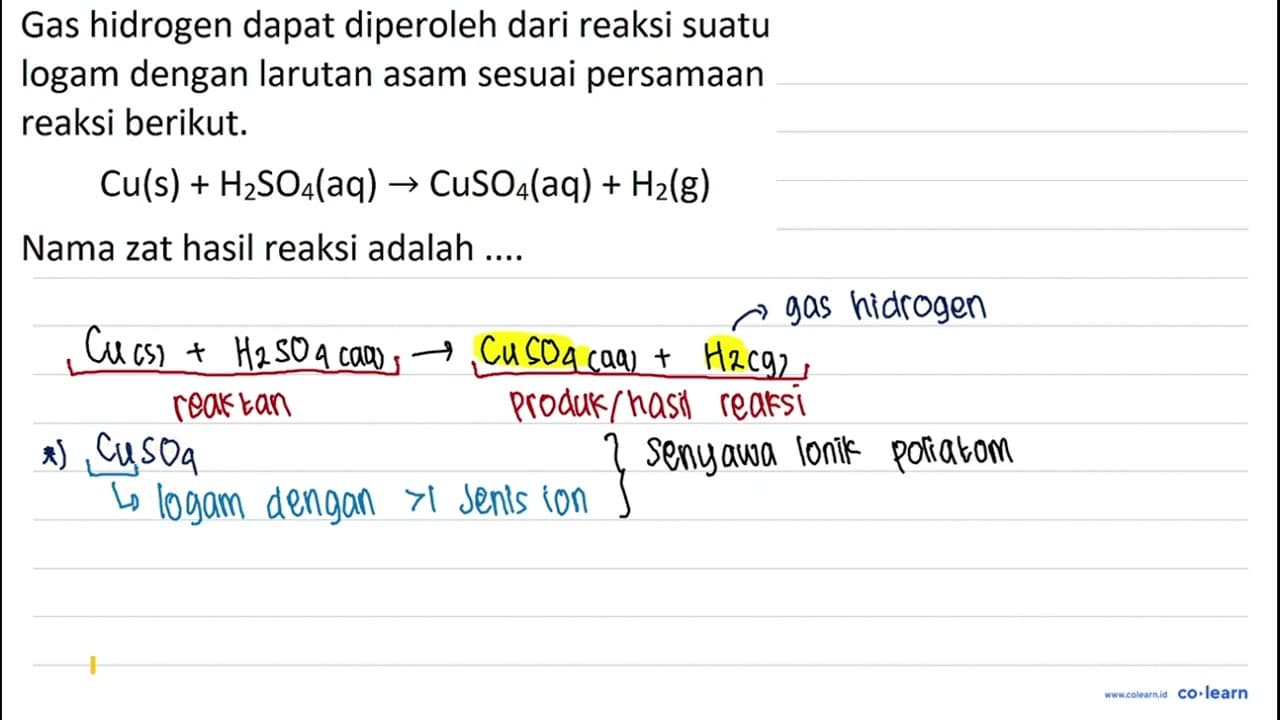 Gas hidrogen dapat diperoleh dari reaksi suatu logam dengan