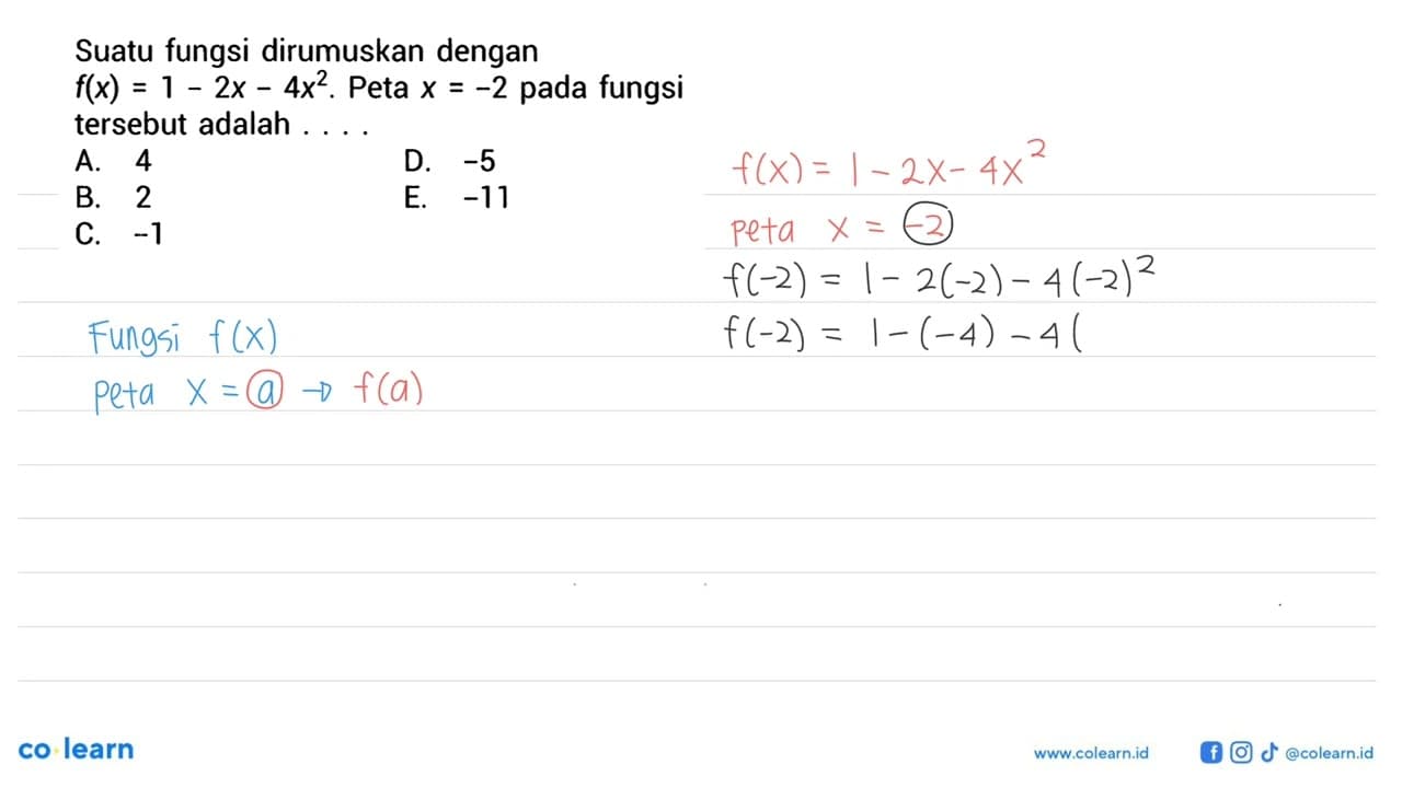 Suatu fungsi dirumuskan dengan f(x)=1-2 x-4x^2. Peta x=-2