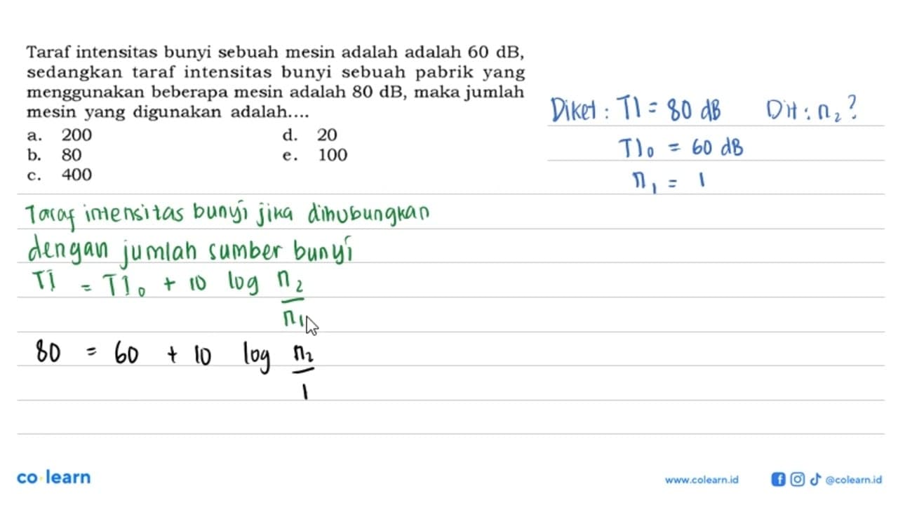 Taraf intensitas bunyi sebuah mesin adalah adalah 60 dB,