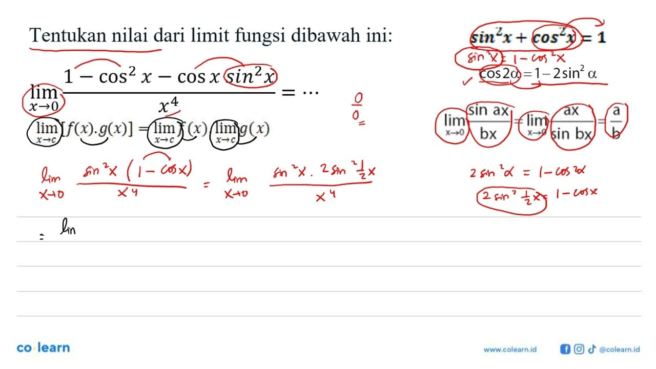 Tentukan nilai dari limit fungsi dibawah ini:lim x -> 0 (1