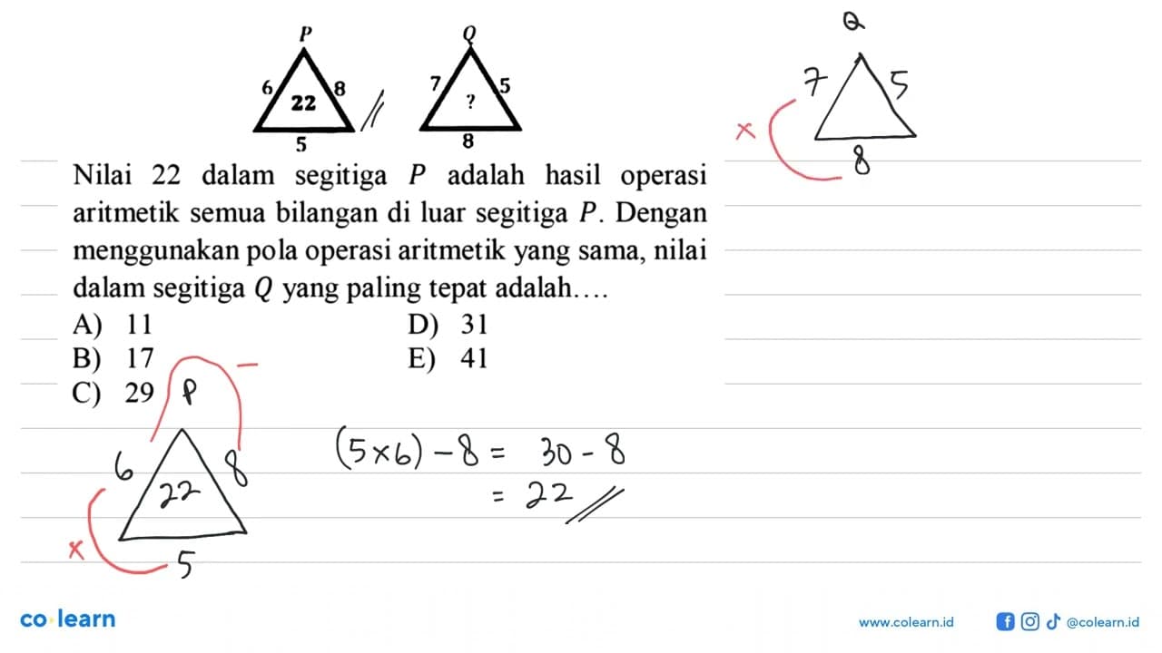 Nilai 22 dalam segitiga P adalah hasil operasi aritmetik
