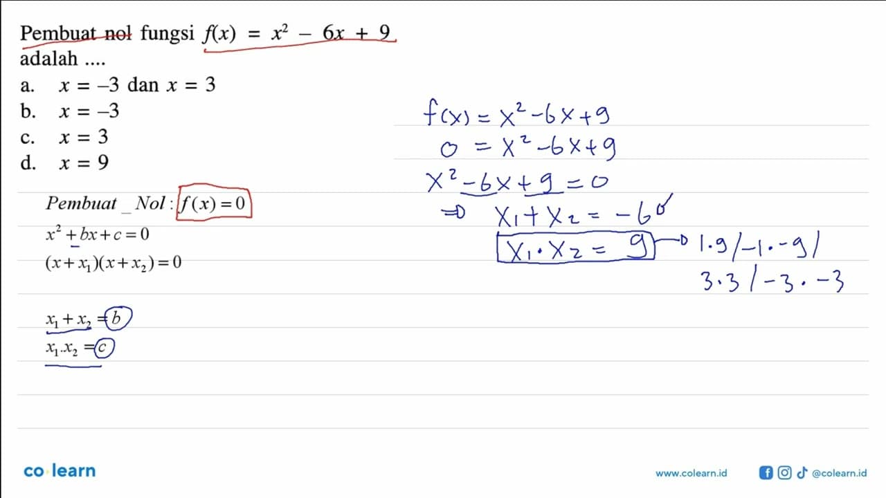 Pembuat nol fungsi f(x) = x^2 - 6x + 9 adalah ....