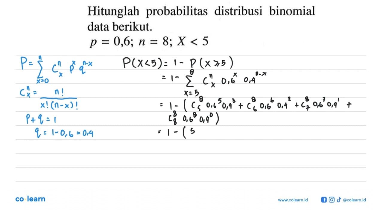 Hitunglah probabilitas distribusi binomial data berikut.