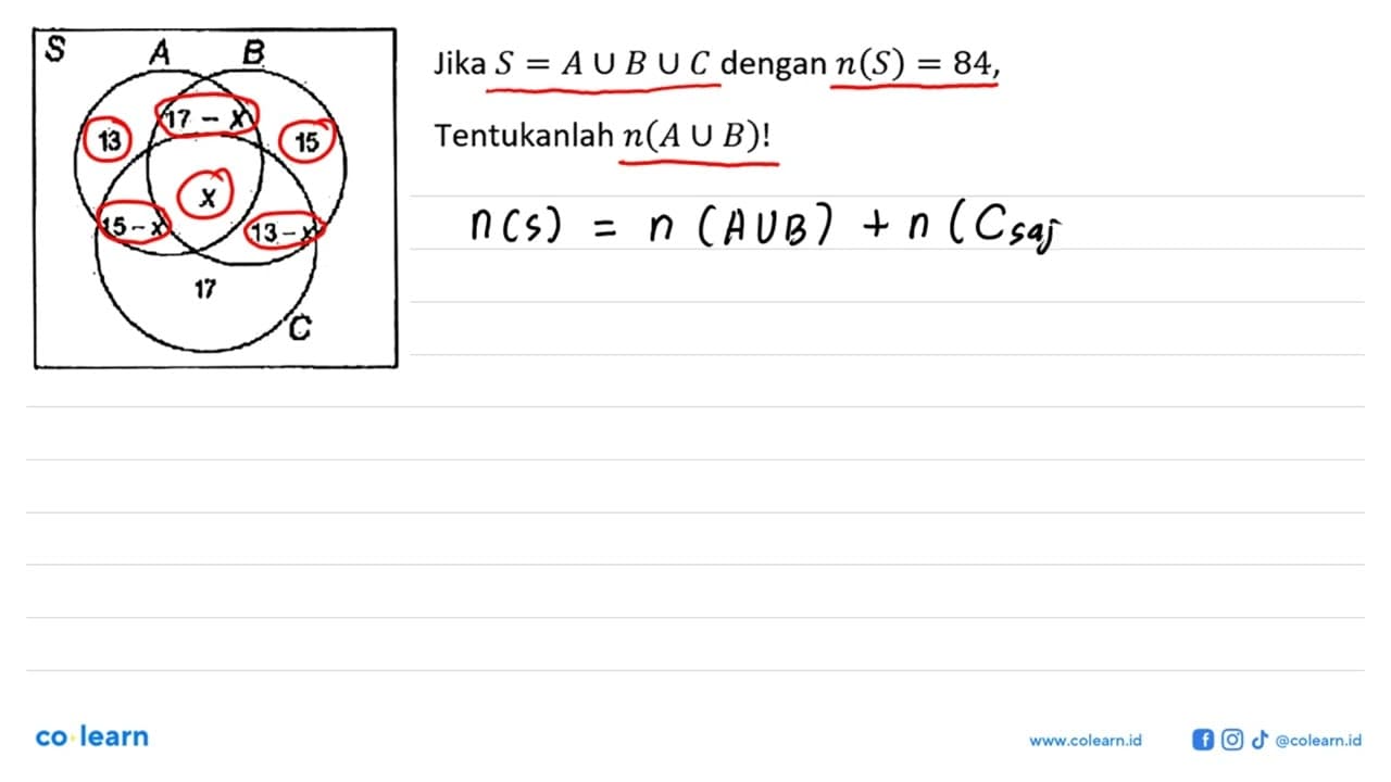 Jika S=A U B U C dengan n(S)=84 Tentukanlah n(A U B) ! S A