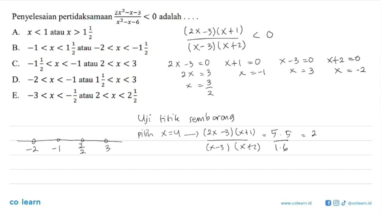 Penyelesaian pertidaksamaan (2x^2-x-3)/(x^2-x-6)<0 adalah