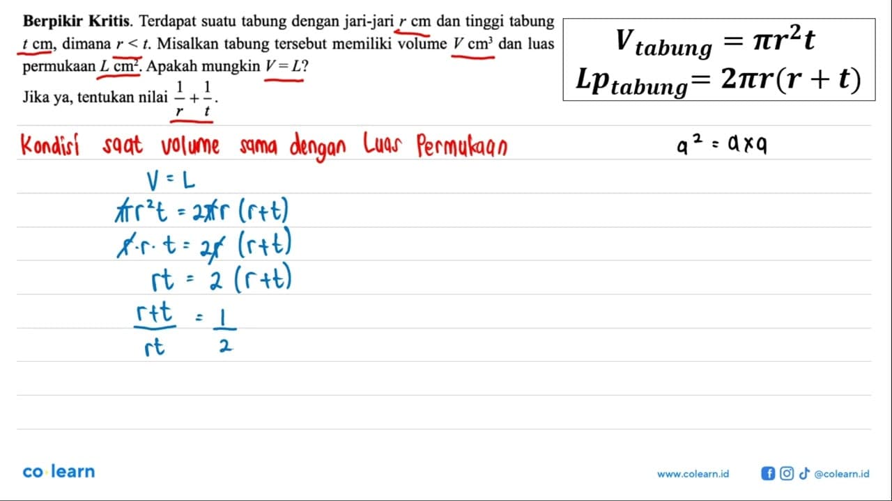 Berpikir Kritis. Terdapat suatu tabung dengan jari-jari r