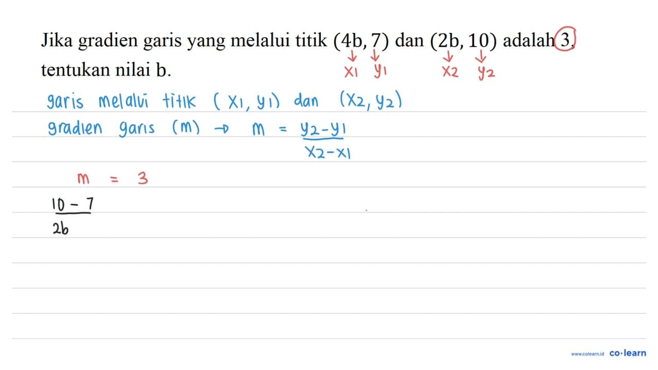 Jika gradien garis yang melalui titik (4 b, 7) dan (2 b,