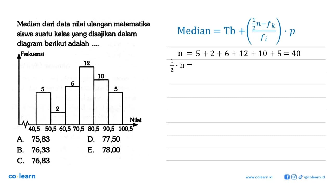 Median dari data nilai ulangan matematika siswa suatu kelas