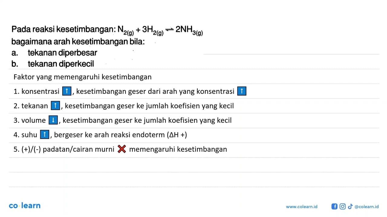 Pada reaksi kesetimbangan: N2(g) + 3H2(g) <=> 2NH3(g)