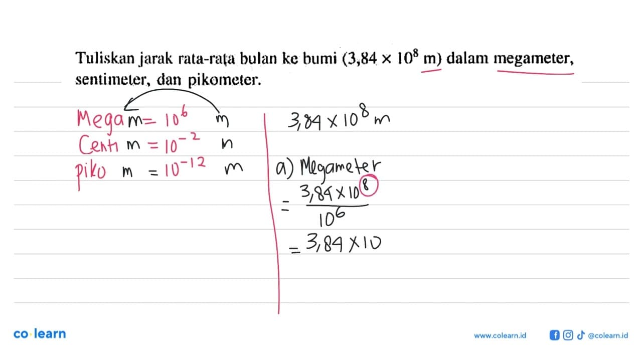 Tuliskan jarak rata-rata bulan ke bumi (3,84 x 10^8 m)