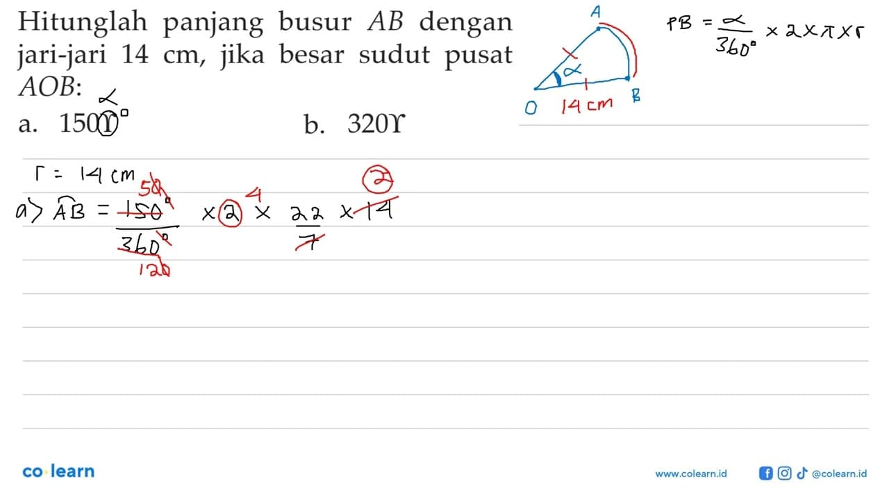 Hitunglah panjang busur AB dengan jari-jari 14 cm, jika