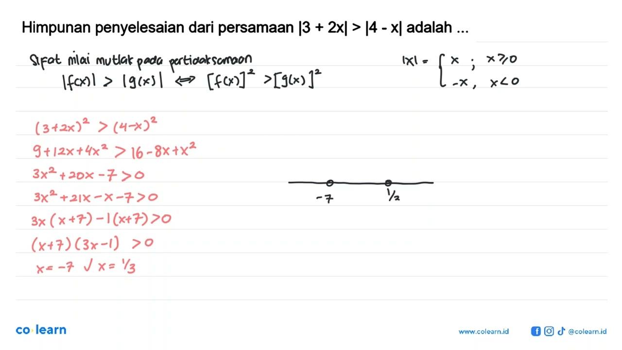 Himpunan penyelesaian dari persamaan |3+2x|>|14-x| adalah