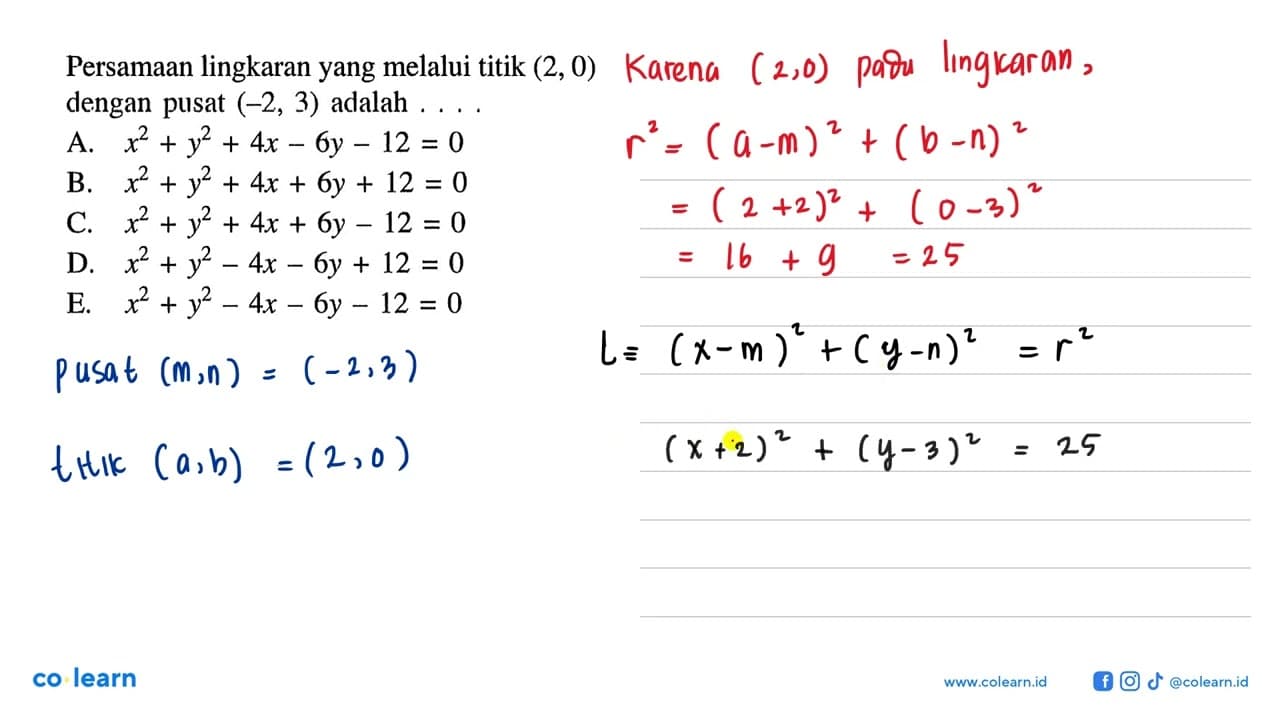 Persamaan lingkaran yang melalui titik (2,0) dengan pusat