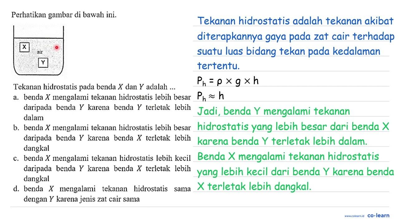 Perhatikan gambar di bawah ini. X air Y Tekanan hidrostatis